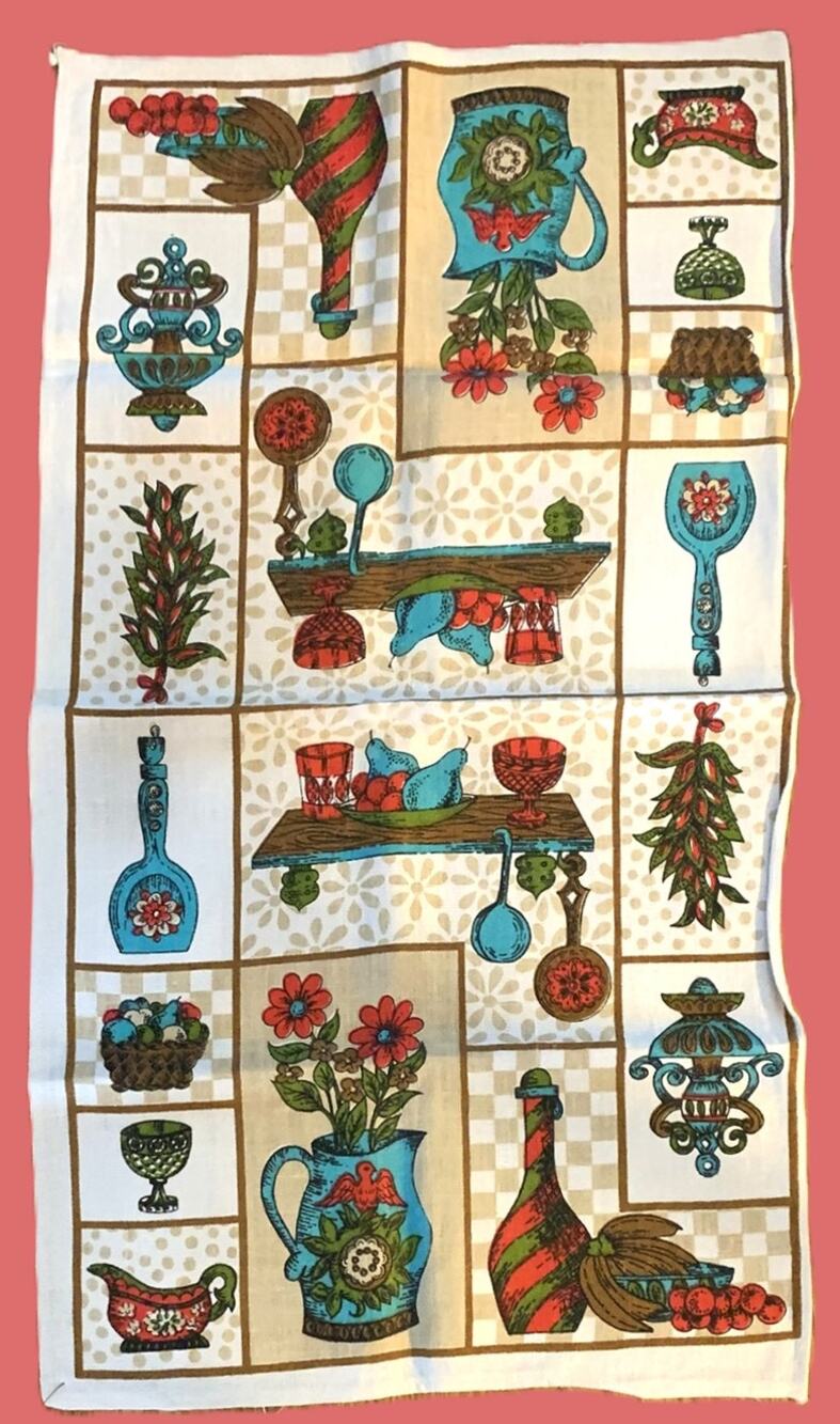 Vintage 50s 60s  Kitchen Tea Towel with Antique Glass Designs NEW Unused